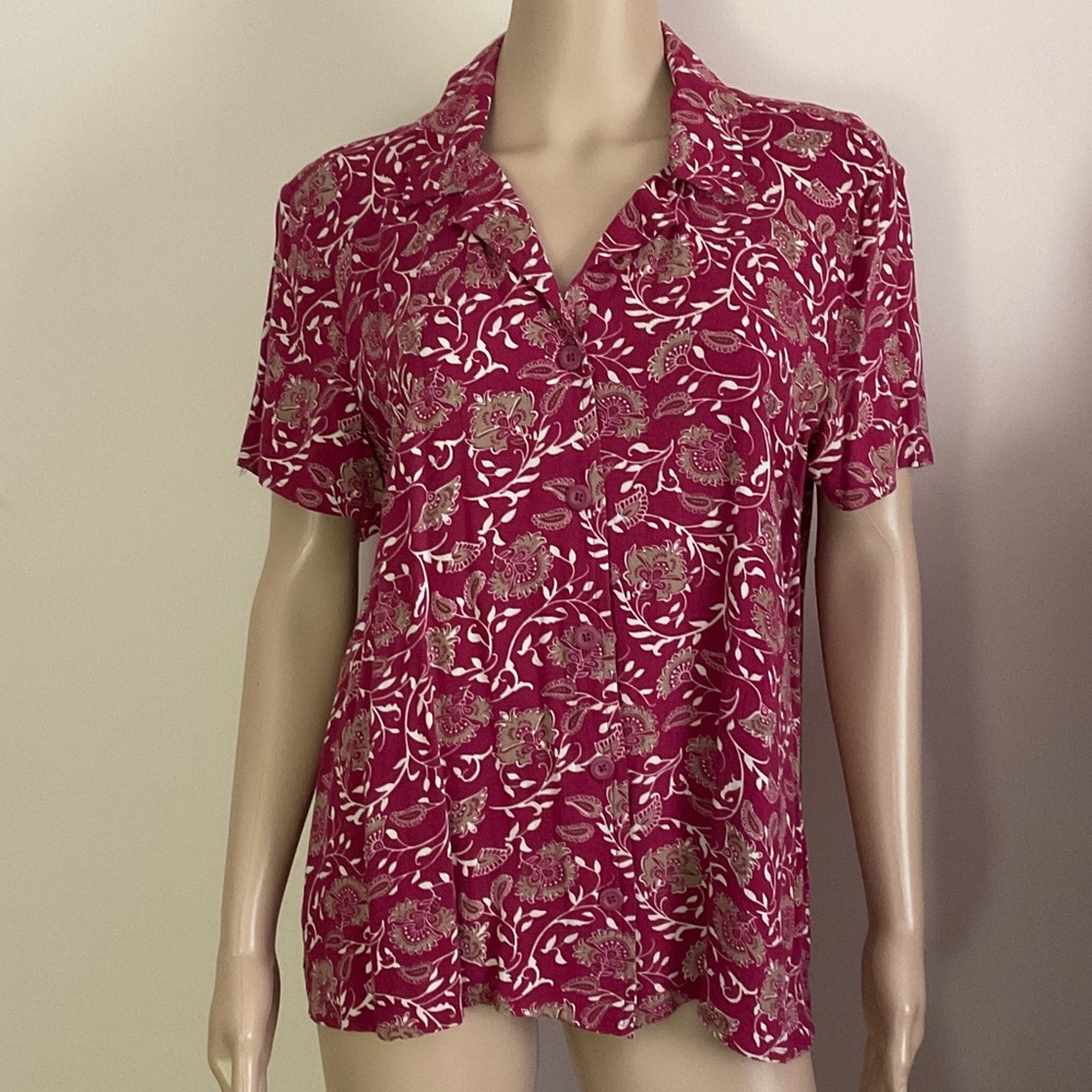 Croft & Barrow Jacobean Floral Rayon Short Sleeve Button Down Blouse